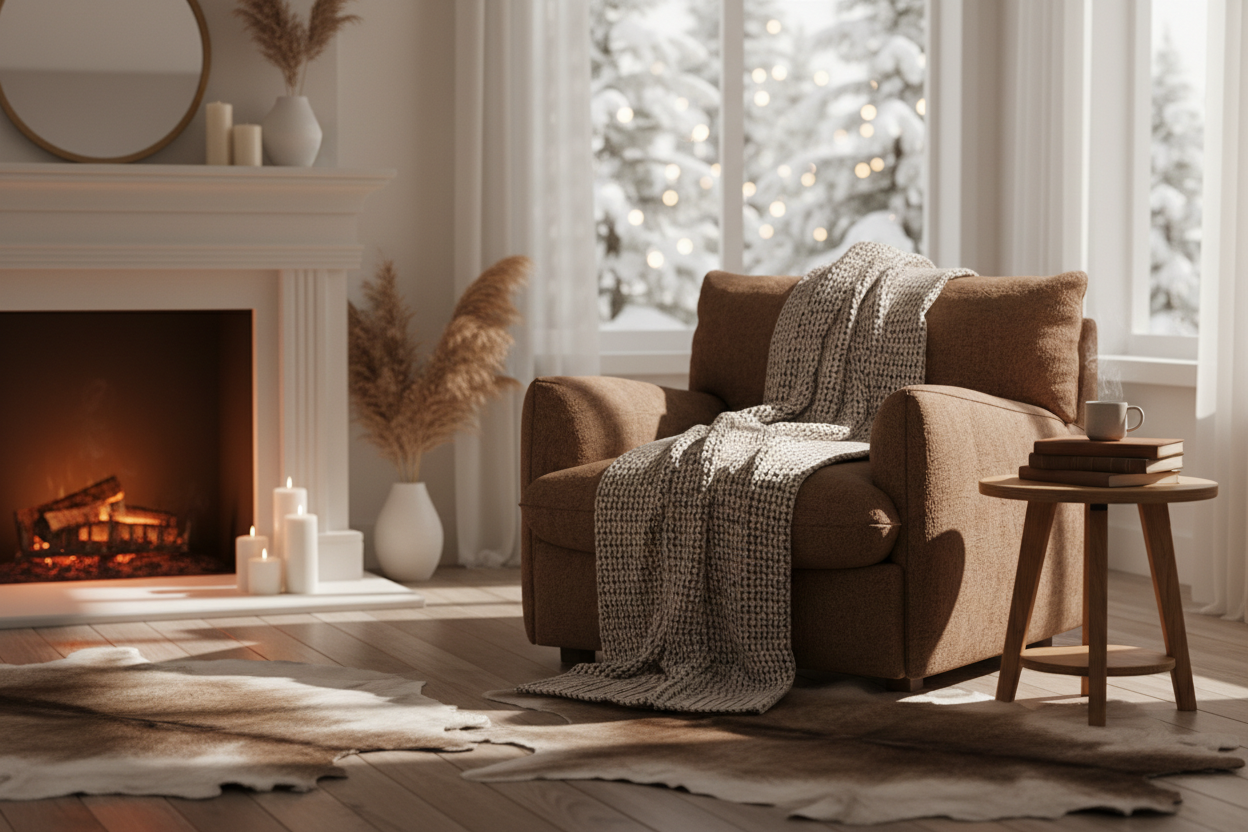 brown and white themed cozy winter background soft lighting
